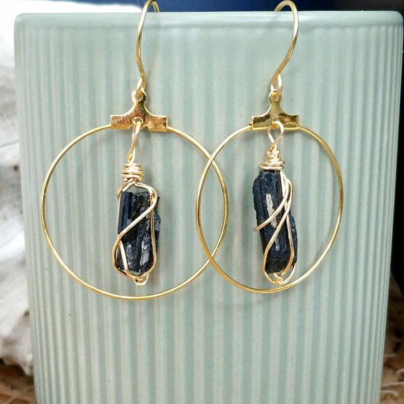 BOGO EARRINGS Raw Crystal Dangle Hoop Earrings, Assorted Gemstones - Picture 3 of 7